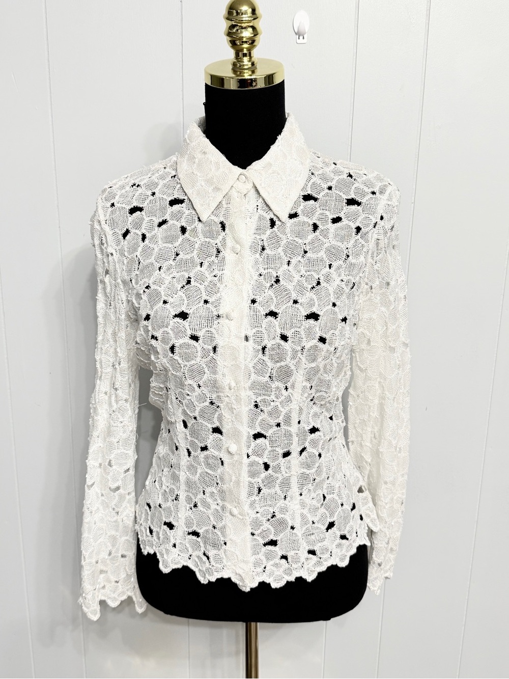 White Lace Button-Up Shirt Blouse with sparkly Beads